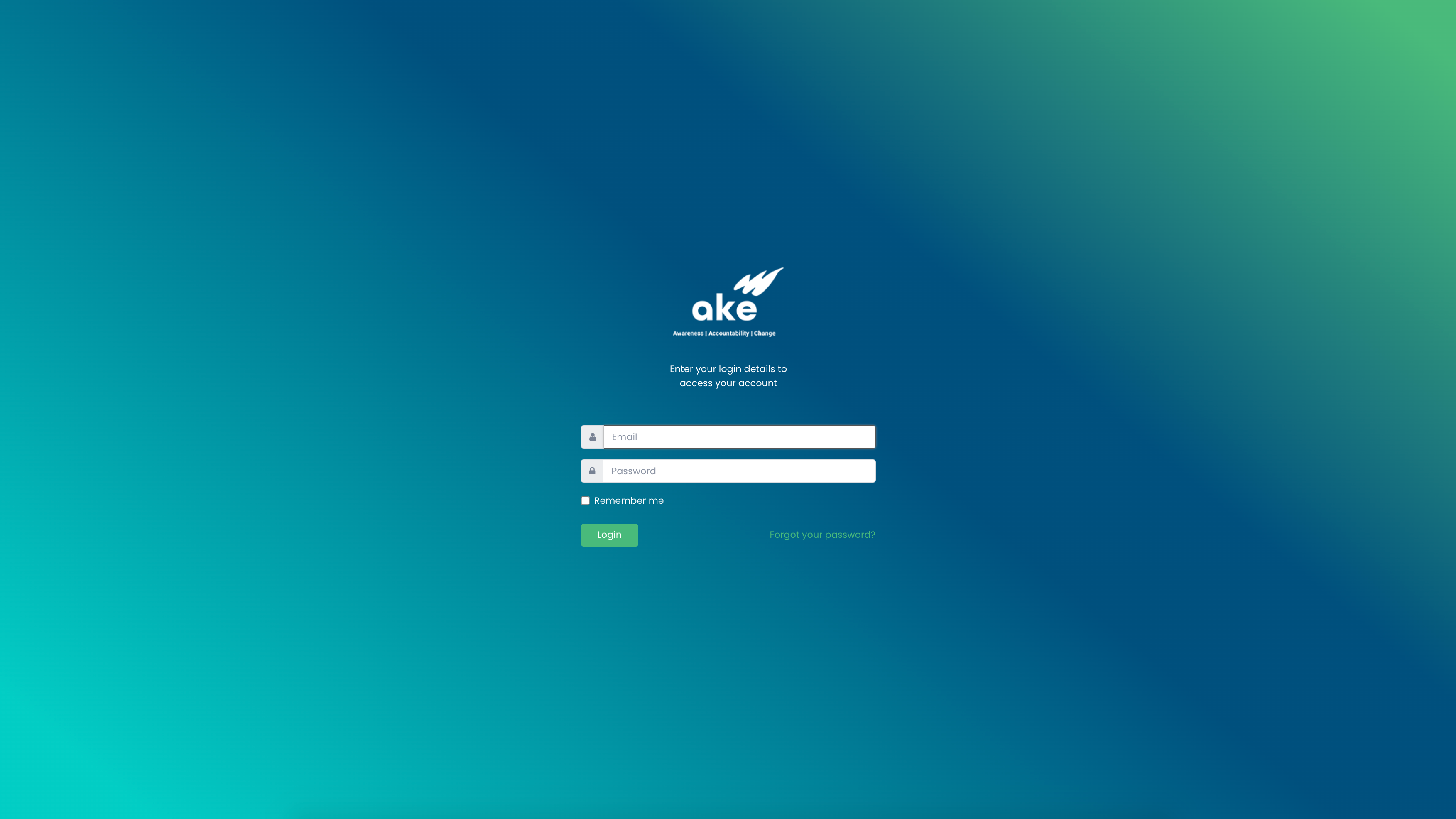 The login screen for both the Ake app and website.